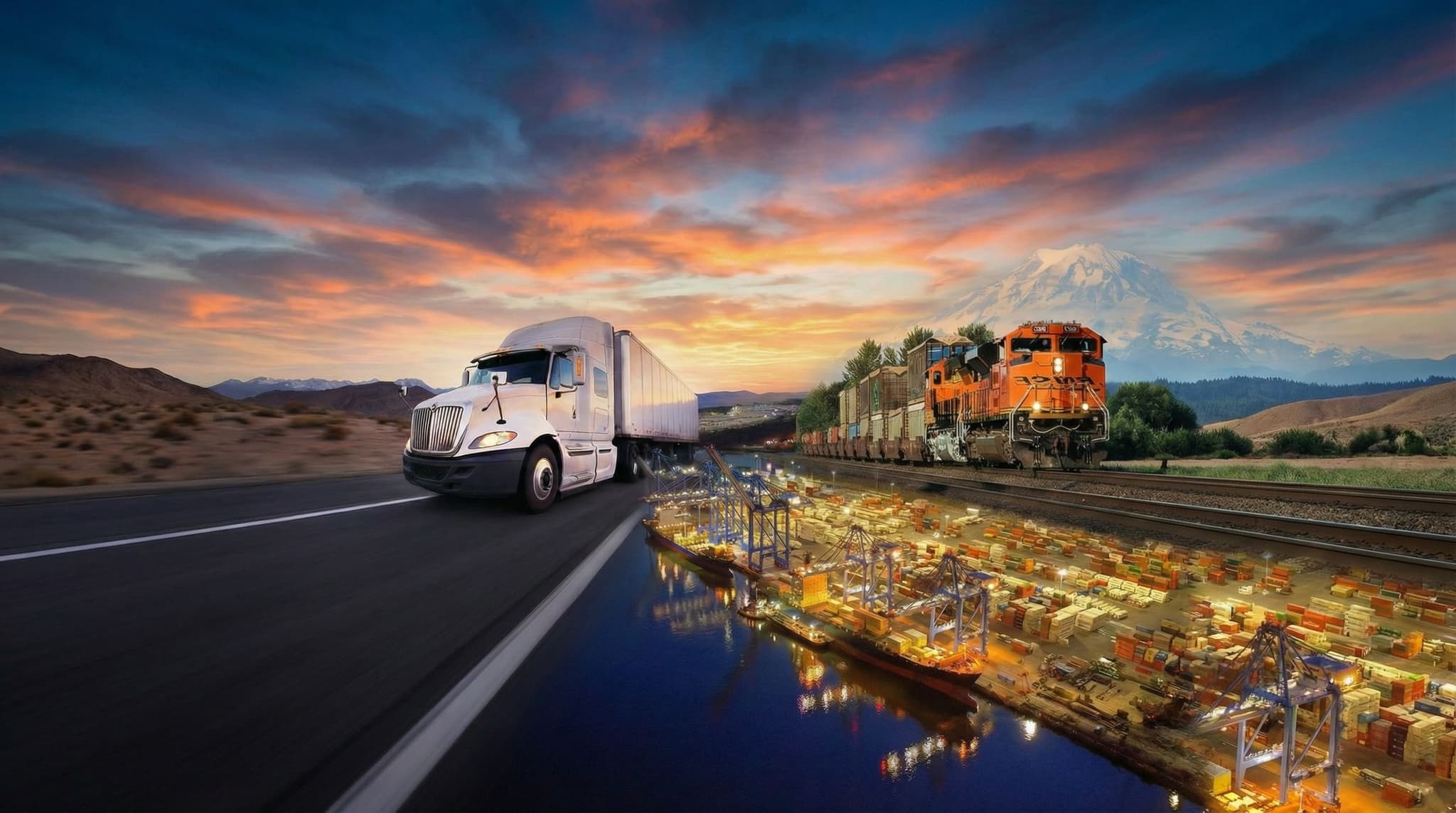 Port operations at sunset